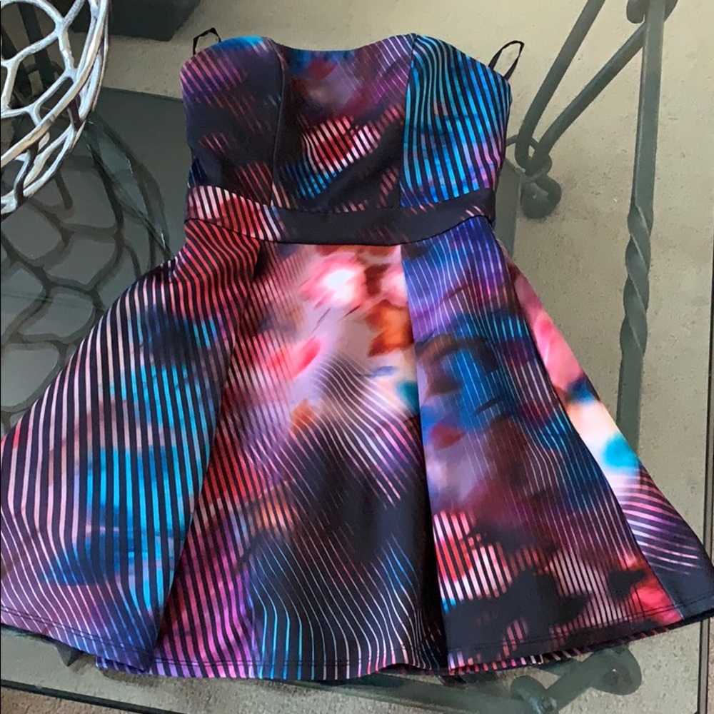 bebe Strapless Fit-and-Flare Dress in Multicolor (Blue, Pink, Purple)